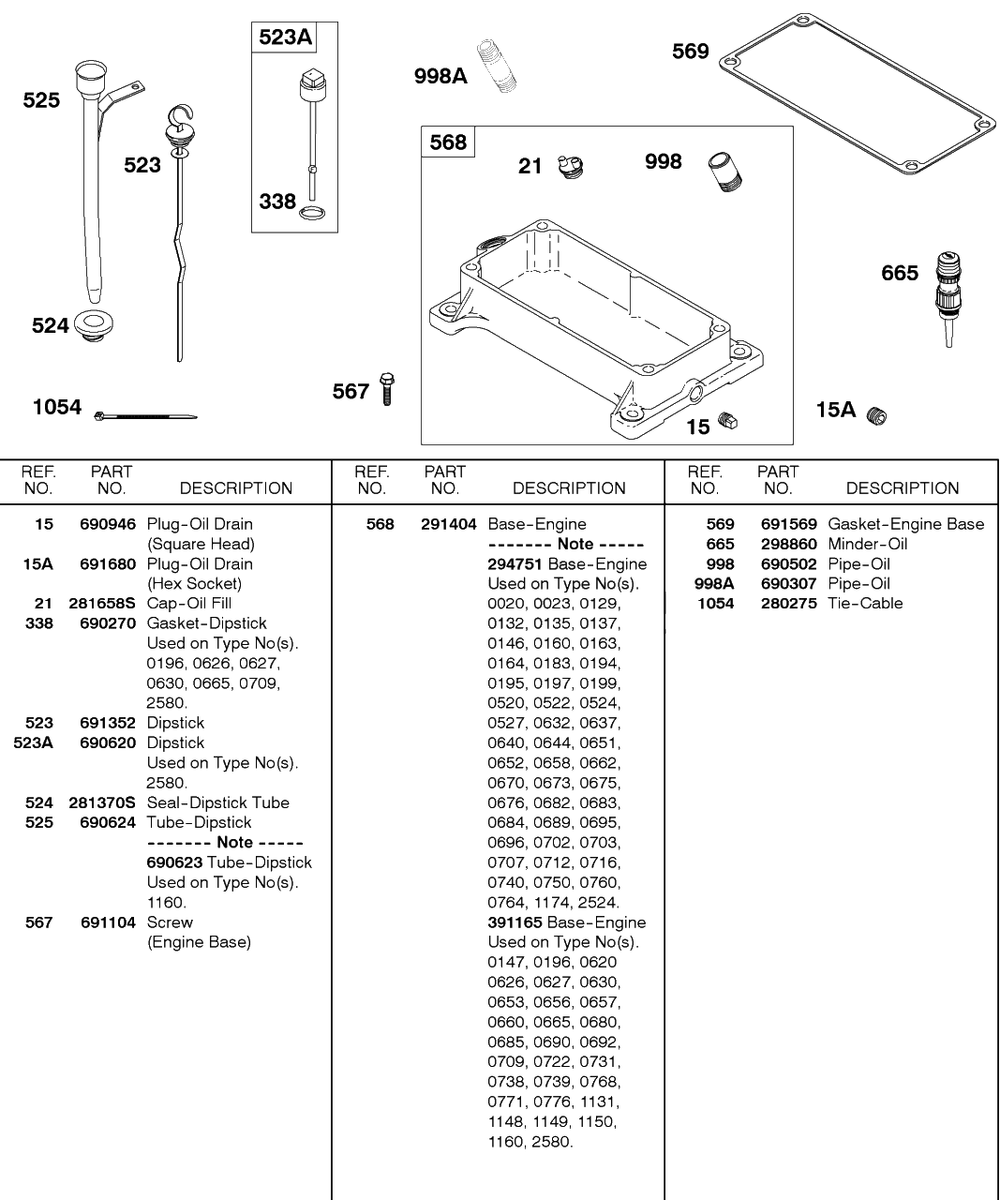 Engine Base, Dipstick Diagram and Parts List for 243432-0737-XX  Briggs and Stratton Engine